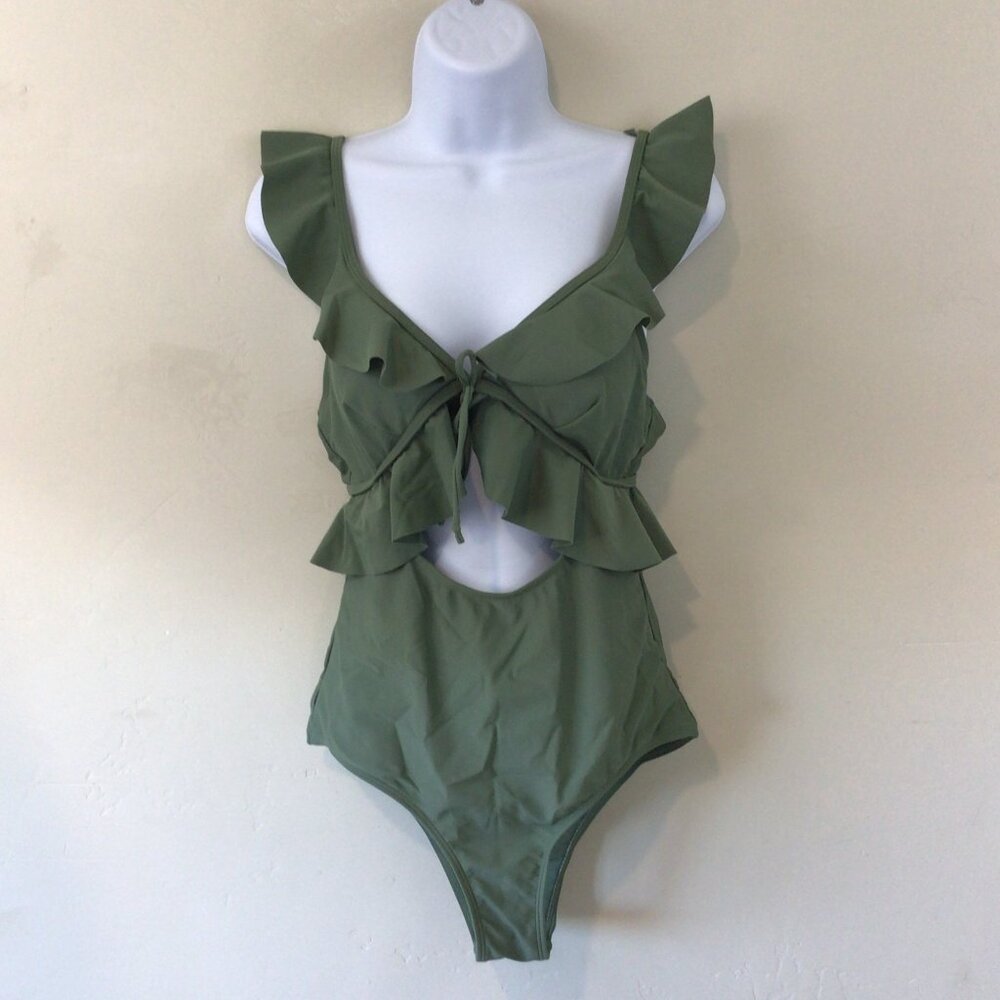 Sage Green One Piece Swim Suit with Cut Outs and Ruffles